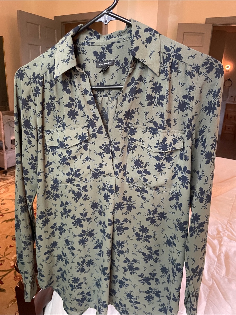 Ann Taylor Alpine Floral Camp Shirt in Fir Green